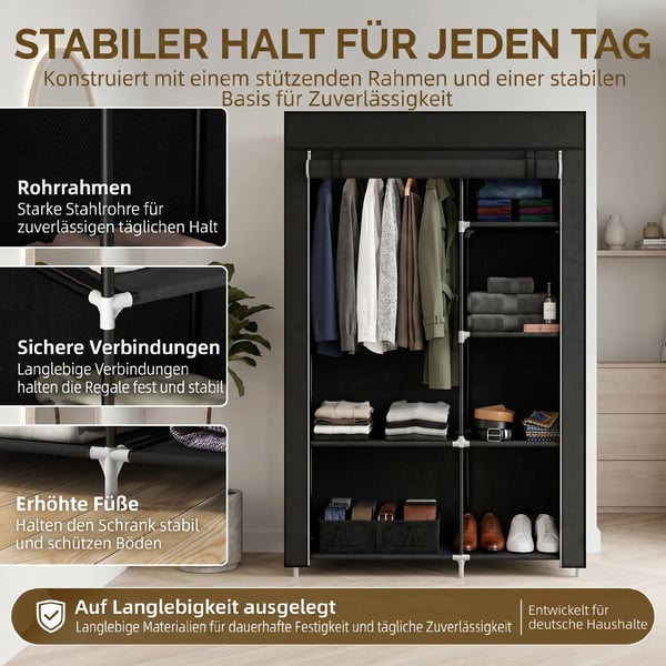 Stofgarderobeskab 6 hylder ikke-vævet stof sammenklappeligt garderobeskab sort 103x43x162,5 cm