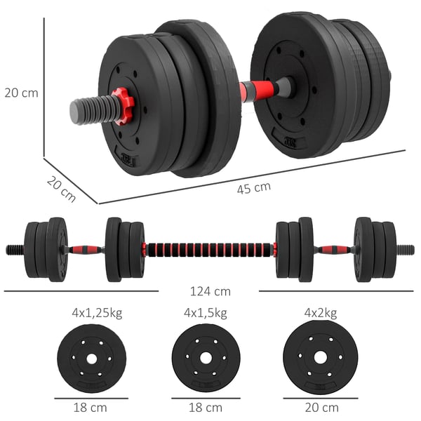 säädettävä käsipainosetti 20 kg (2in1 lyhyt/pitkä tanko) voimaharjoitteluun ja painonnostoon kotiin - Musta, Muovi