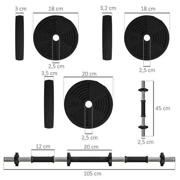 2-i-1 Hantelset & Skivstång, 20 kg, Justerbar, Halkfri, Golvskyddande, Svart/Grön