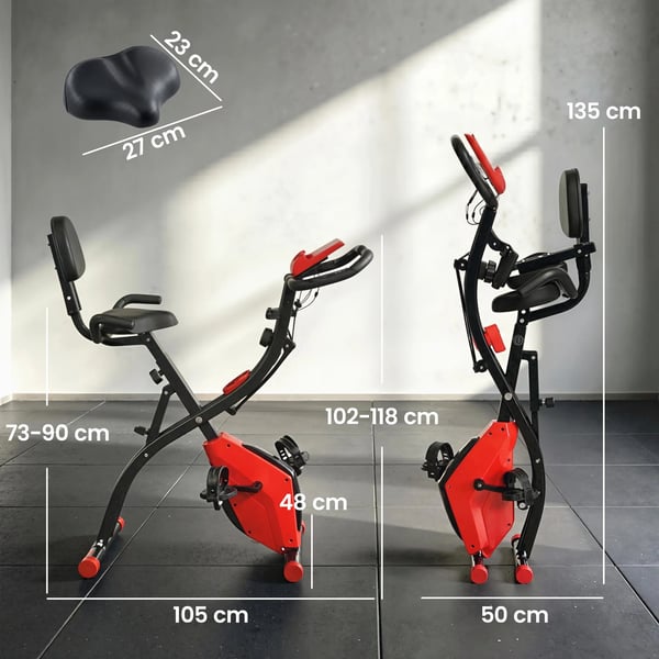 Motionscykel 2-i-1 med LCD-display, hopfällbar träningscykel i stål (Legierter Stahl) med 8 nivåer magnetiskt motstånd, röd/svart, 97x51x115 cm