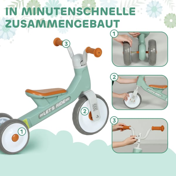 Løbecykel uden pedaler med 3 lydløse hjul til børn 12-36 mdr. Indendørs/udendørs brug, Grøn, Plastik