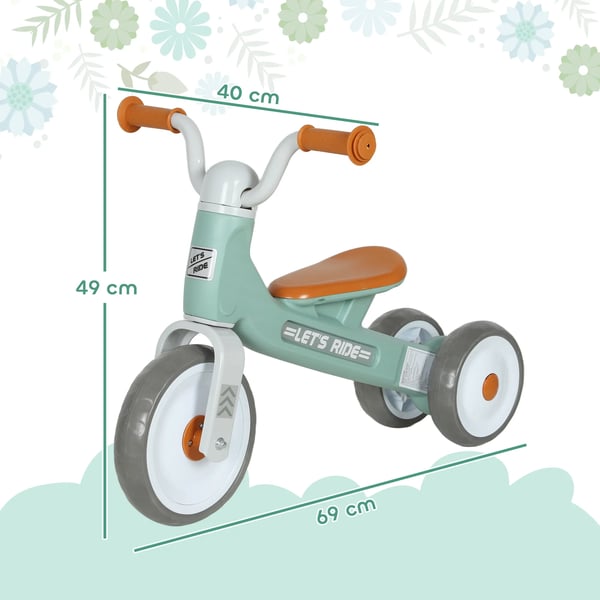 Løbecykel uden pedaler med 3 lydløse hjul til børn 12-36 mdr. Indendørs/udendørs brug, Grøn, Plastik