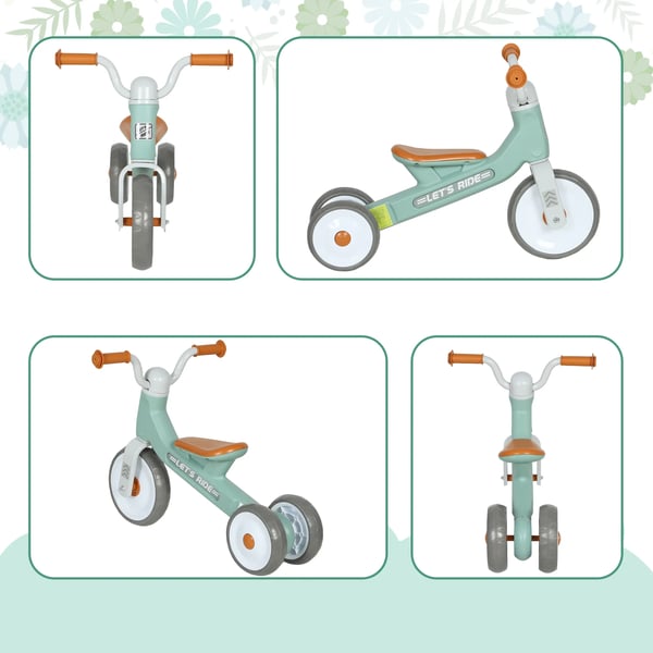 Løbecykel uden pedaler med 3 lydløse hjul til børn 12-36 mdr. Indendørs/udendørs brug, Grøn, Plastik