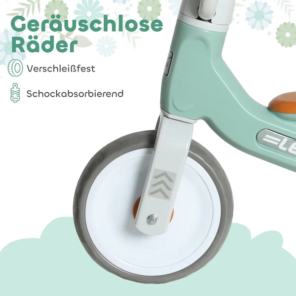 Løbecykel uden pedaler med 3 lydløse hjul til børn 12-36 mdr. Indendørs/udendørs brug, Grøn, Plastik