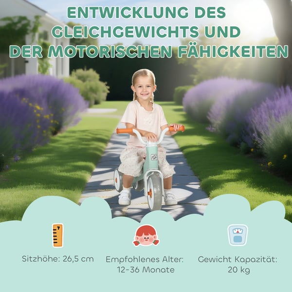 Løbecykel uden pedaler med 3 lydløse hjul til børn 12-36 mdr. Indendørs/udendørs brug, Grøn, Plastik