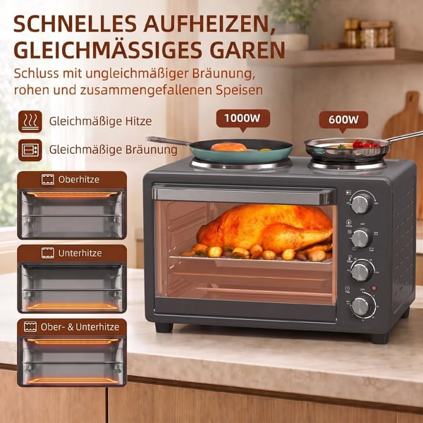Miniovn med Kogeplader 28L, Sort - Multifunktionel ovn med 2 kogeplader, grill, 2600W, 100-230°C, timer, inkl. tilbehør