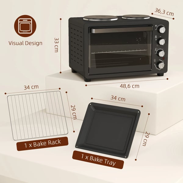 Miniovn med Kogeplader 28L, Sort - Multifunktionel ovn med 2 kogeplader, grill, 2600W, 100-230°C, timer, inkl. tilbehør
