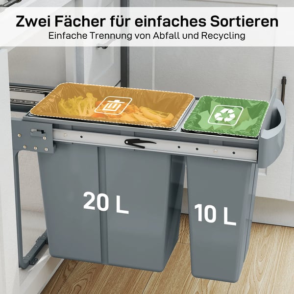Udtrækkelig Skraldespand til Køkken - 30L (20L+10L) Affaldssortering i Grå Metal og Plast