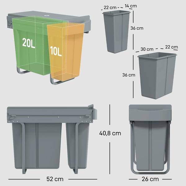 Udtrækkelig Skraldespand til Køkken - 30L (20L+10L) Affaldssortering i Grå Metal og Plast