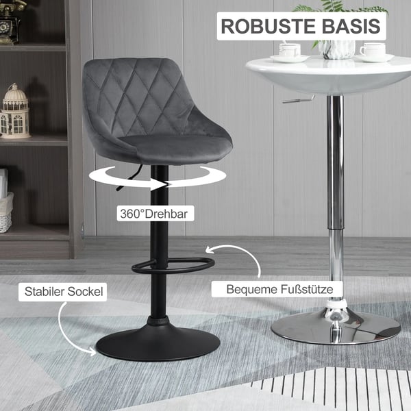 2 stk Barstole, Hjdejusterbar, Mrkegr, Polyester/Stl