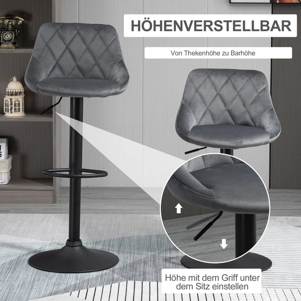 2 stk Barstole, Hjdejusterbar, Mrkegr, Polyester/Stl