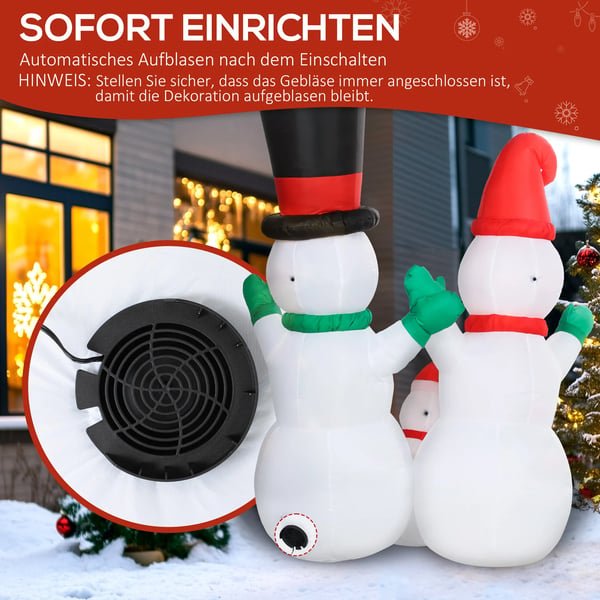 Uppblåsbar snögubbefamilj, 1,8 m Juldekoration med LED, Vit/Polyester, Inomhus/Utomhus