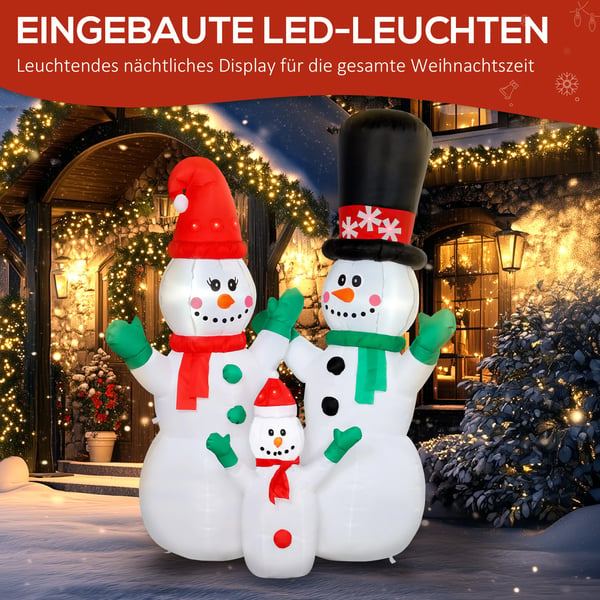 Uppblåsbar snögubbefamilj, 1,8 m Juldekoration med LED, Vit/Polyester, Inomhus/Utomhus