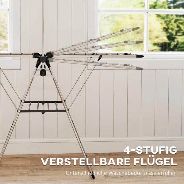 Sammenklappeligt tørrestativ med justerbare vinger, skoholdere, rustfrit stål, 156,5 x 68 x 192 cm, sølv