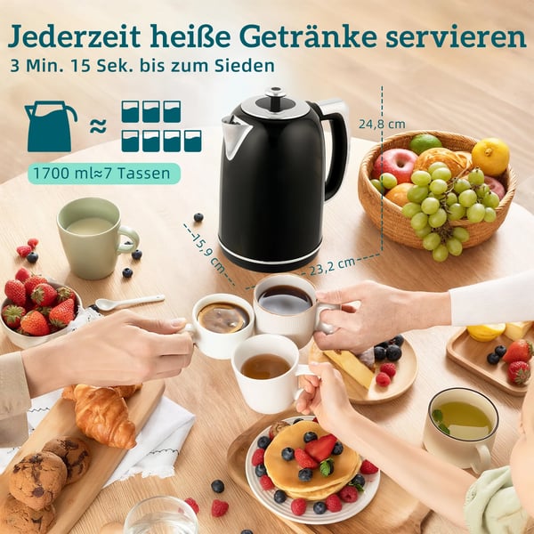 Vattenkokare och Brödrostset - Retrodesign, 1.7L, 2200W, LED, Minnesfunktion, Svart Plast/Stål