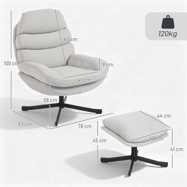 Afslapningsstol med puf - Lænestol i chenillestof, 78x93x100 cm, Creme