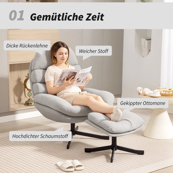 Afslapningsstol med puf - Lænestol i chenillestof, 78x93x100 cm, Creme