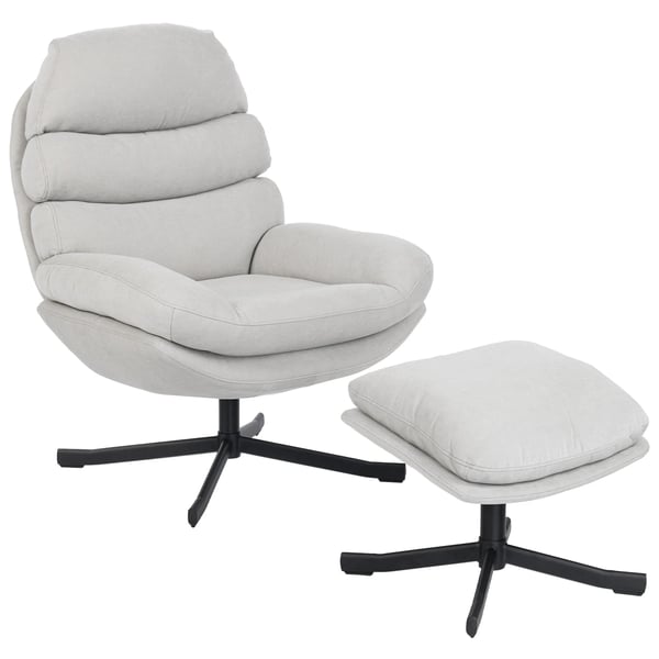 Afslapningsstol med puf - Lænestol i chenillestof, 78x93x100 cm, Creme