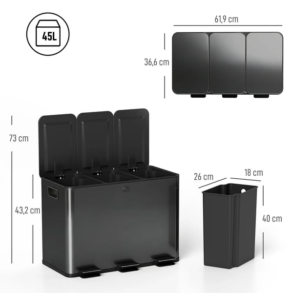 Kolmiosainen Keittiöroskakori, 3x20L Lokeroilla, Hajunpoistolla, Sormenjälkiä Hylkivä, Soft-Close, Irrotettava, Ruostumaton Teräs/Muovi, Musta