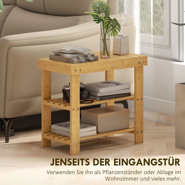 Skobænk af bambus med 2 hylder, bænk til entré, 50x28x45cm, natur