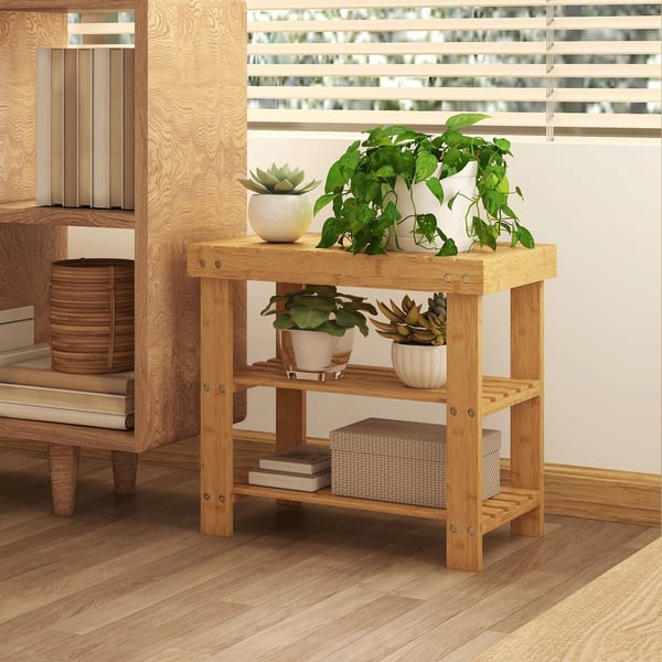 Skobænk af bambus med 2 hylder, bænk til entré, 50x28x45cm, natur