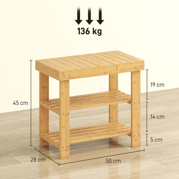 Skobænk af bambus med 2 hylder, bænk til entré, 50x28x45cm, natur