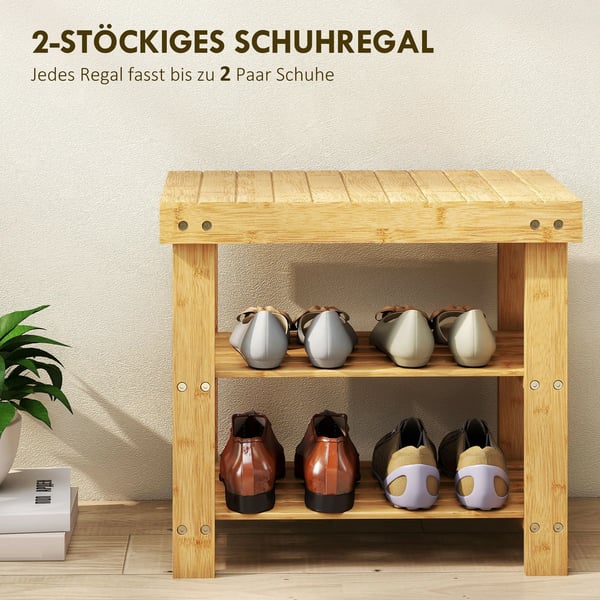 Skobænk af bambus med 2 hylder, bænk til entré, 50x28x45cm, natur