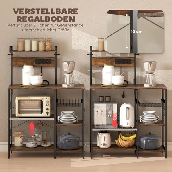 köksställning i träkomposit, rustikbrun, 90x42x130 cm - med uttag, krokar och hyllplan