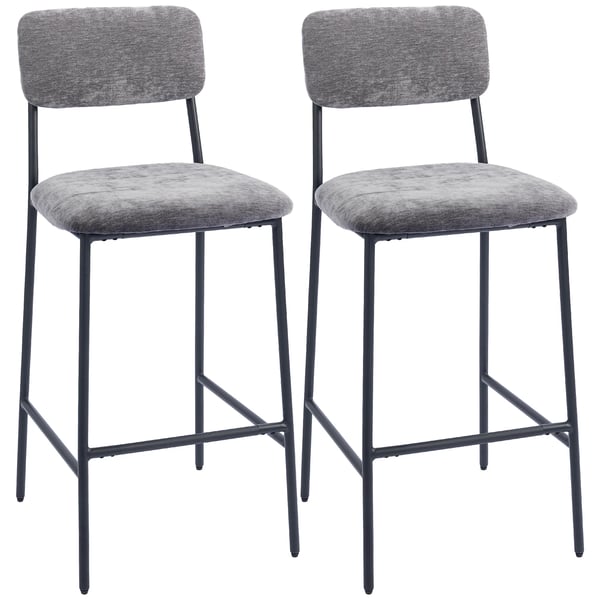Barstolar, set om 2, vadderade högstolar för köksö, hemmabar, ryggstöd, fotstöd, tygklädsel, stål, grå