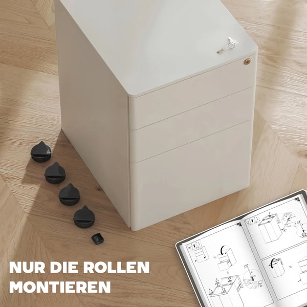 mobil rullecontainer med 3 skuffer, hvid stål, 39x48x59cm