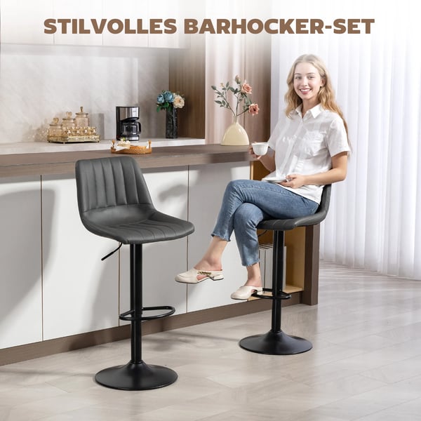 2 stk. Barstole Mørkegrå Kunstlæder/Stål, Retrodesign, Højdejusterbar med fodstøtte, 43x49.5x91-111 cm