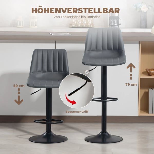 2 stk. Barstole Mørkegrå Kunstlæder/Stål, Retrodesign, Højdejusterbar med fodstøtte, 43x49.5x91-111 cm