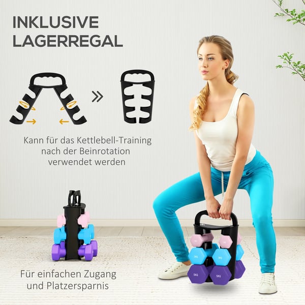 Hantelset med Ställ - 6 Hantlar (2x1kg, 2x3kg, 2x5kg) för Hemmaträning - Hexagonala, Rosa/Ljusblå/Lila Metall/Plast