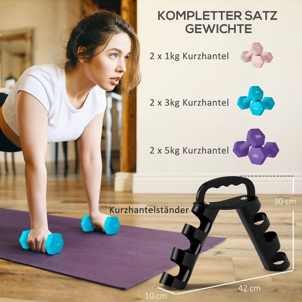 Hantelset med Ställ - 6 Hantlar (2x1kg, 2x3kg, 2x5kg) för Hemmaträning - Hexagonala, Rosa/Ljusblå/Lila Metall/Plast