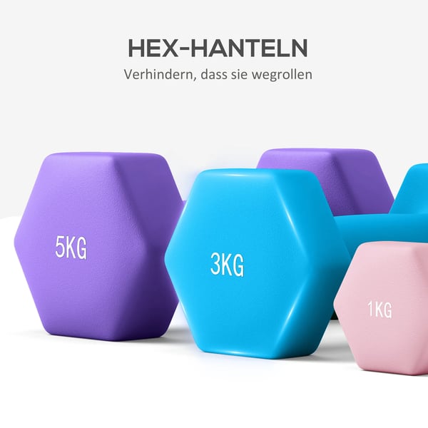 Hantelset med Ställ - 6 Hantlar (2x1kg, 2x3kg, 2x5kg) för Hemmaträning - Hexagonala, Rosa/Ljusblå/Lila Metall/Plast