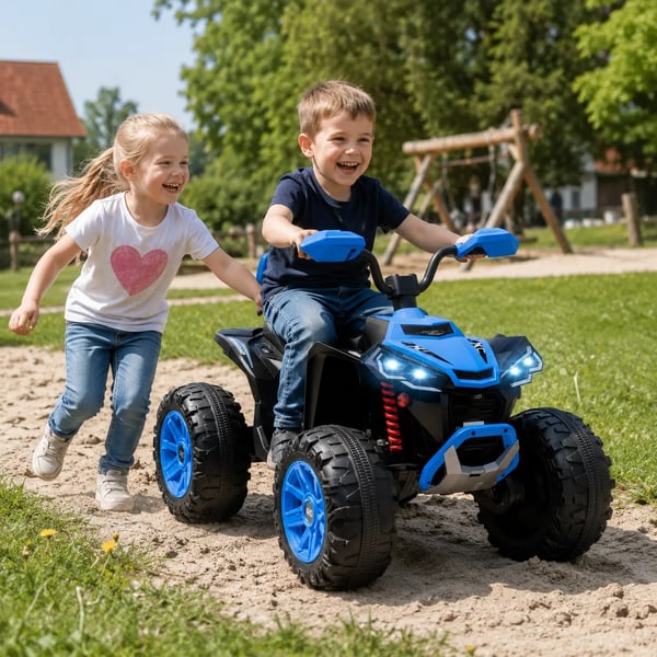 El-Quad för barn 24V, dubbla motorer, dubbelsits, terrängdäck, MP3, USB, strålkastare, max 6,5 km/h, 3-8 år. Blå