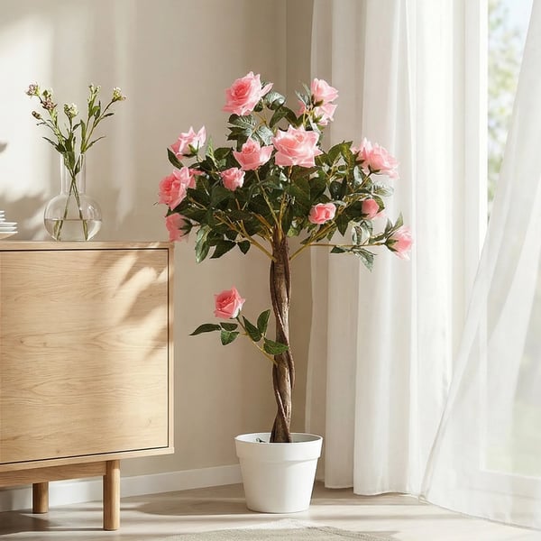Tekoruusu keinokasvi, suuri 90cm, vaaleanpunainen muovi, ruukussa luonnolliseen sisustukseen