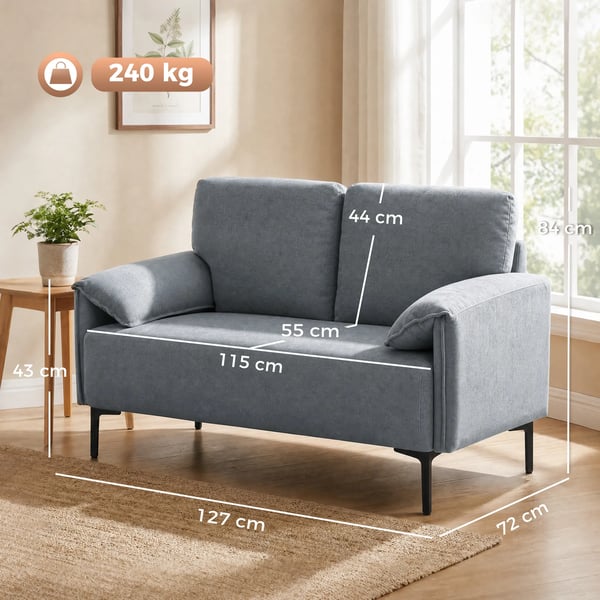 2-sits soffa, sammetsmjuk, grå, metallram, 127 cm bred