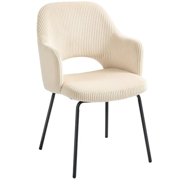 spisestol i beige kord med stålben, skålformet design og gulvbeskyttere