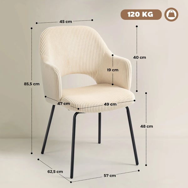 spisestol i beige kord med stålben, skålformet design og gulvbeskyttere