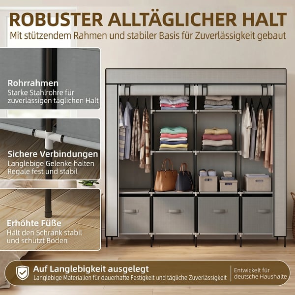 stofskab klædeskab med bøjlestang, 10 rum, 4 skuffer, garderobe i fleece-look, mørkegrå