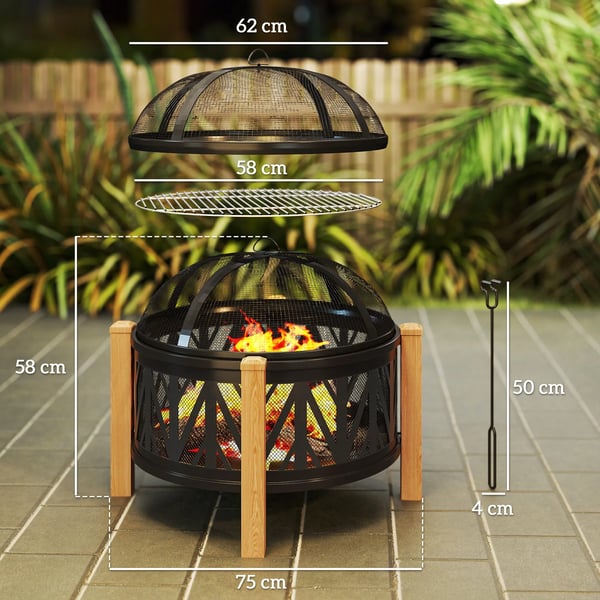Eldstad med grillgaller 2-i-1, Metall, Svart/Brun, Ø75x58 cm