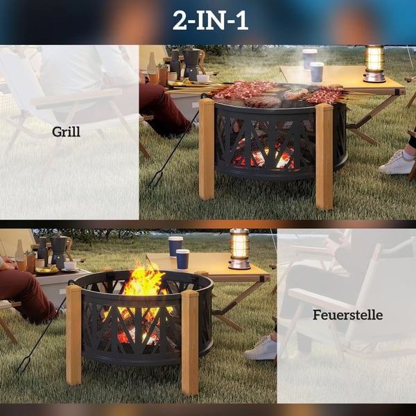 Eldstad med grillgaller 2-i-1, Metall, Svart/Brun, Ø75x58 cm