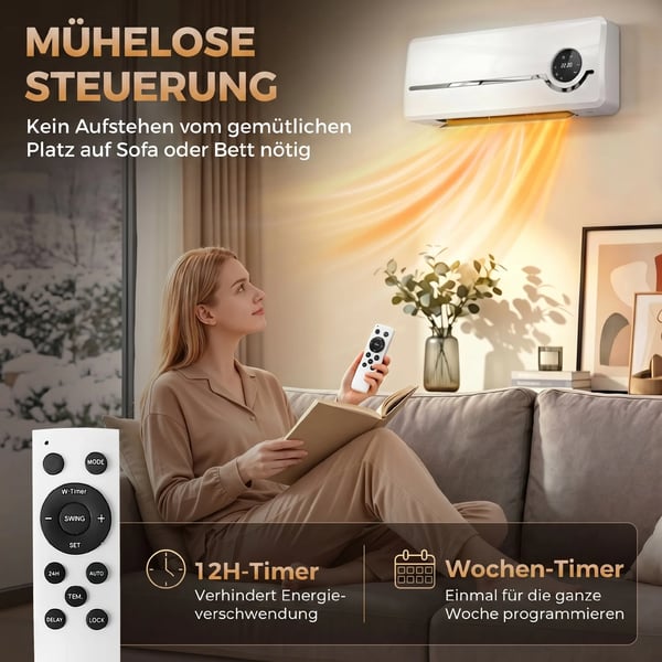Keramisk väggfläkt 2000W för väggmontering med fläkt, fjärrkontroll, 2 värmelägen, LED-display