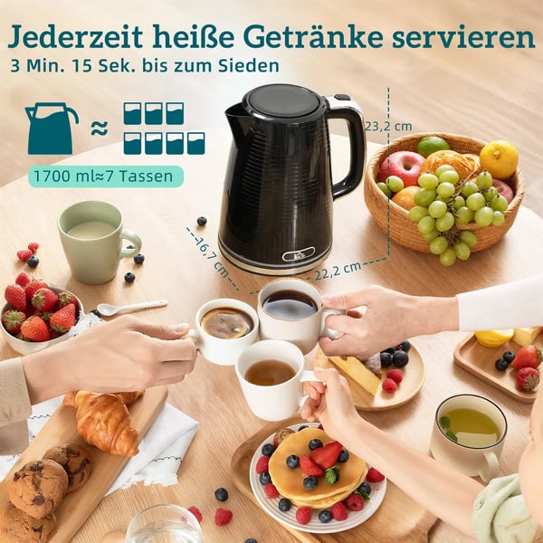 Elkedel og Brødrister Sæt - 1.7L Kedel (2200W), 2-skåret Brødrister (7 niveauer) - Sort & Sølv Stel/Plastik