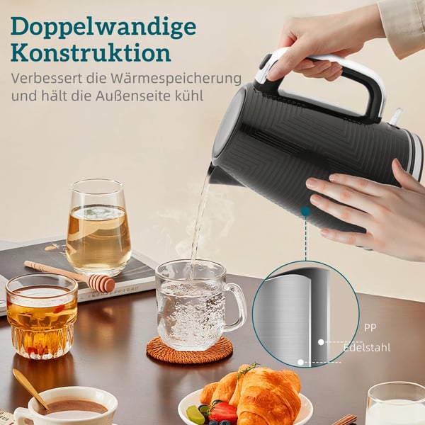 Elkedel og Brødrister Sæt - 1.7L Kedel (2200W), 2-skåret Brødrister (7 niveauer) - Sort & Sølv Stel/Plastik