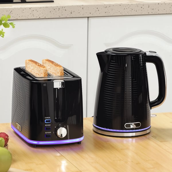 Elkedel og Brødrister Sæt - 1.7L Kedel (2200W), 2-skåret Brødrister (7 niveauer) - Sort & Sølv Stel/Plastik