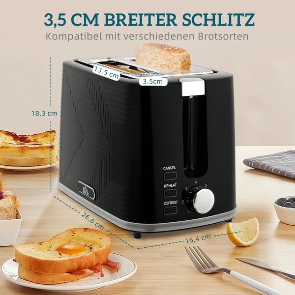 Elkedel og Brødrister Sæt - 1.7L Kedel (2200W), 2-skåret Brødrister (7 niveauer) - Sort & Sølv Stel/Plastik