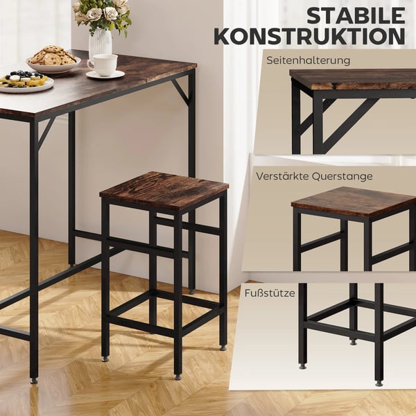 Barbord med 4 stolar, 5-delat set i spånplåt/stål, rustik brun/svart, 100x60x88cm