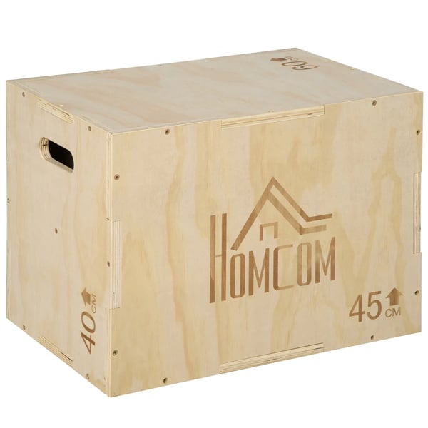 Plyo Box i bokträ, 3 häjd-nivåer (40/45/60 cm), med handtag, för hemmet & gym, 45x40x60 cm, Naturträ